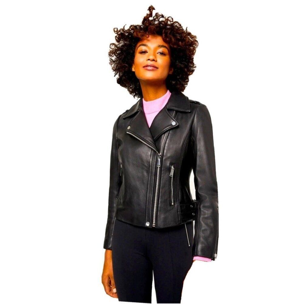 bcbgeneration l12512bg solid black lamb leather long sleeve moto jacket small
